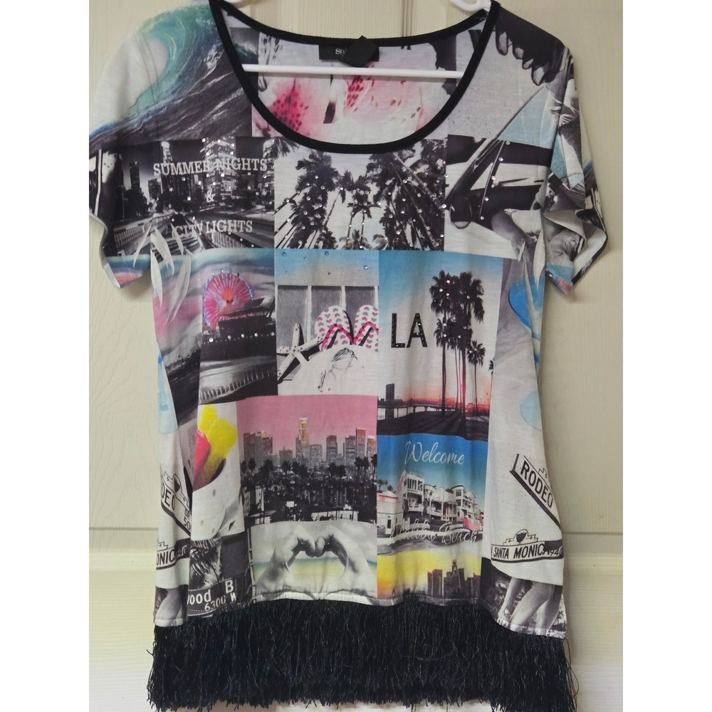 Style & Co Los Angeles Photo Collage Rhinestone Fringe Top Womens Medium